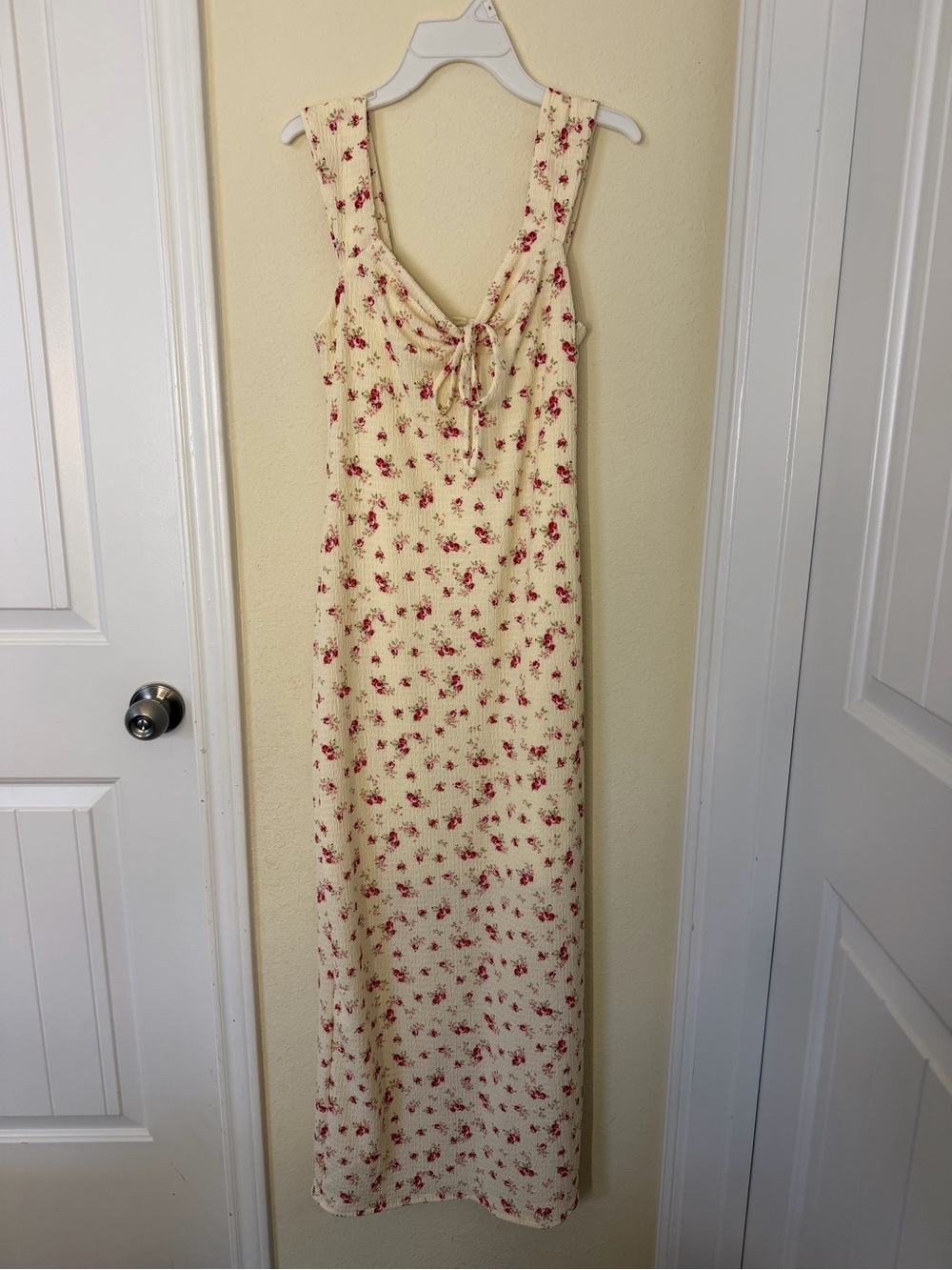 See You Monday Cream Maxi Dress with Red Floral Tie-Front
